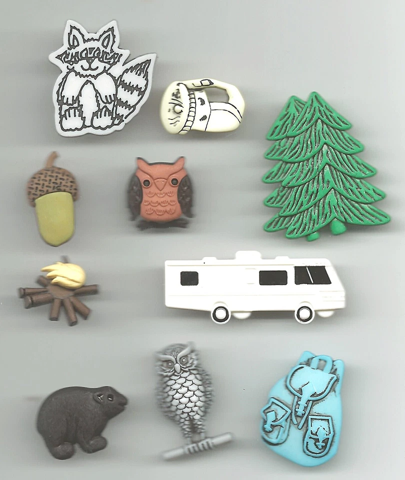CAMPING BUTTONS Campfire Bear Owl RV Backpack  Scrapbooking Sewing Card Making - Image 1 of 1