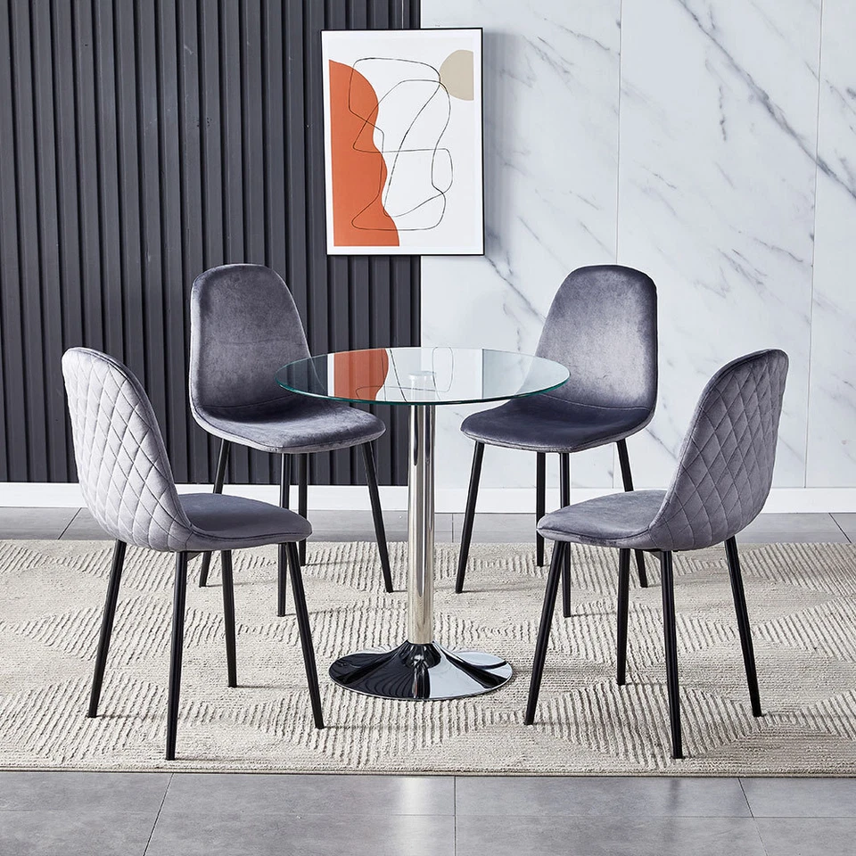 Clear Round Glass Dining Table Chrome Base and 4 Grey Velvet Chairs Set 4 Seater - Image 1 of 1