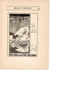 AESOP'S FABLE PRINT "THE DOG AND THE SHADOW" by Percy J. Billinghurst C1922 - Picture 1 of 2