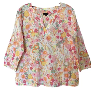 NWT Talbots Artsy Fruit Design Pastel V-Neck Popover Blouse sz Large - Picture 1 of 9