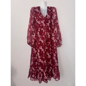 Floral Midi Dress Long Sleeve V Neck Ruffle Hem Burgundy M - Picture 1 of 11