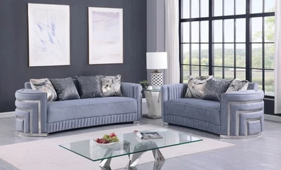NUEVO 2 PIEZAS Sofá Loveseat Gris Plata Lujo Terciopelo Contemporáneo Glam Juego de Sala de Estar Foto 1 de 4