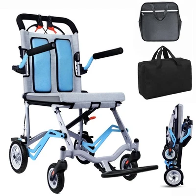 Blauer, ultraleichter, faltbarer Transportrollstuhl mit hochklappbaren Armlehnen - Bild 1 von 4