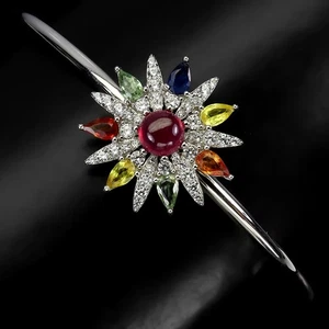 925 Sterling Silver Bangle Round Ruby 6mm Sapphire Natural Gemstone Jewelry - Picture 1 of 14