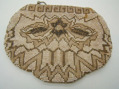 Antique  Vintage White Tan Beaded  Evening Bag Clutch Purse Small  Sash Loop - Image 1 of 4