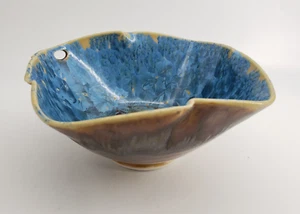 Crystalline Glaze Art Pottery Rice Bowl 6in Sq 3" tall Blue inside Brown outside - Picture 1 of 8