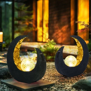 Außenleuchte Solarlampe Gartendeko LED Mond schwarz gold Glaskugel Crackle 2x - Bild 1 von 12