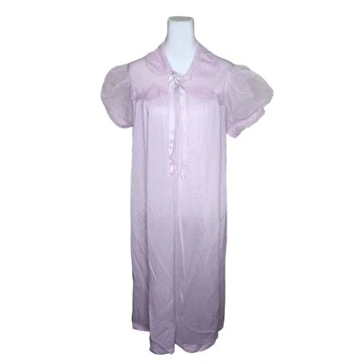 Vintage 60s Adonna Puff Sleeve Nylon Housecoat Womens Size L Pink Glam Pinup - Image 1 of 4