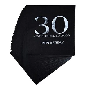 Happy 30th Birthday Cocktail Napkins 40pcs Black Silver Anniversary Supplies - Picture 1 of 7