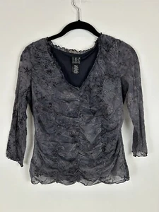 Y2K Flocked Velvet Top Gray Mesh Fairy Grunge Emo 3/4 Sleeve Sheer 9 (fits SM) - Picture 1 of 7