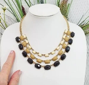 Black Honey and Beige Cabochon Bubble Tile Gold Tone Multi Strand Bib Necklace - Picture 1 of 5