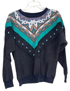 Hazelwood Southwestern Fashion Handkerchief Fringe LS Top Size L Vtg 70s USA Cow - Picture 1 of 10