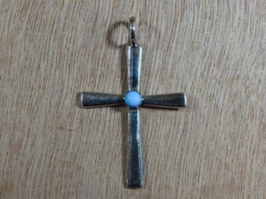 Religious Cross Pre-Owned Navajo Sterling Silver Turquoise Pendant Signed HT - Picture 1 of 4