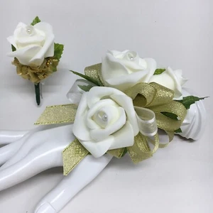 Triple Ivory Rose on Metallic Gold Wrist Corsage & Boutonniere Combo - Picture 1 of 1