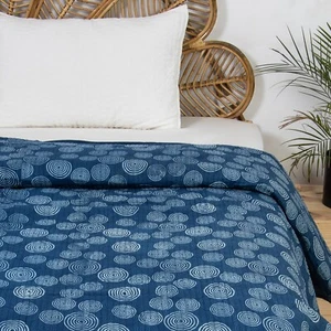Indigo Blue 100% Cotton Light Weight Reversible Hand Block Machine Quilt - Picture 1 of 5