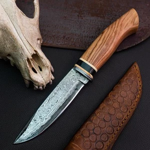 Wild Blades 10" Half Tang Hunting Knife Handmade EDC Damascus + Leather Sheath - Picture 1 of 12