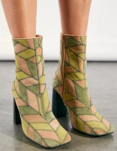 Jeffrey Campbell Verus Patchwork Suede Heeled Boots Green Brown Pastel Size 9M - Picture 1 of 10