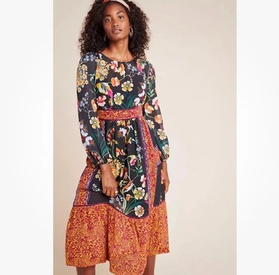 Vestido midi floral boho campesino ANTHROPOLOGIE para mujer 8 Adair con ribete de terciopelo Foto 1 de 4