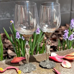 Vintage 1985 Bacchus Pewter Baker Art Foundry Wine Glasses Nude Man Woman Pair - Picture 1 of 9