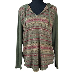 Chaps Olive Mustard Red Thermal Drawstring Long Sleeve Hoodie Size 2X - Picture 1 of 8