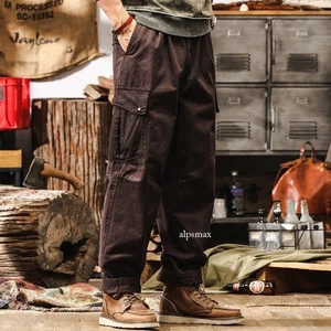 Retro American Style Men Straight Pants Cargo Cotton Long Trousers Autumn Pocket - Picture 1 of 26