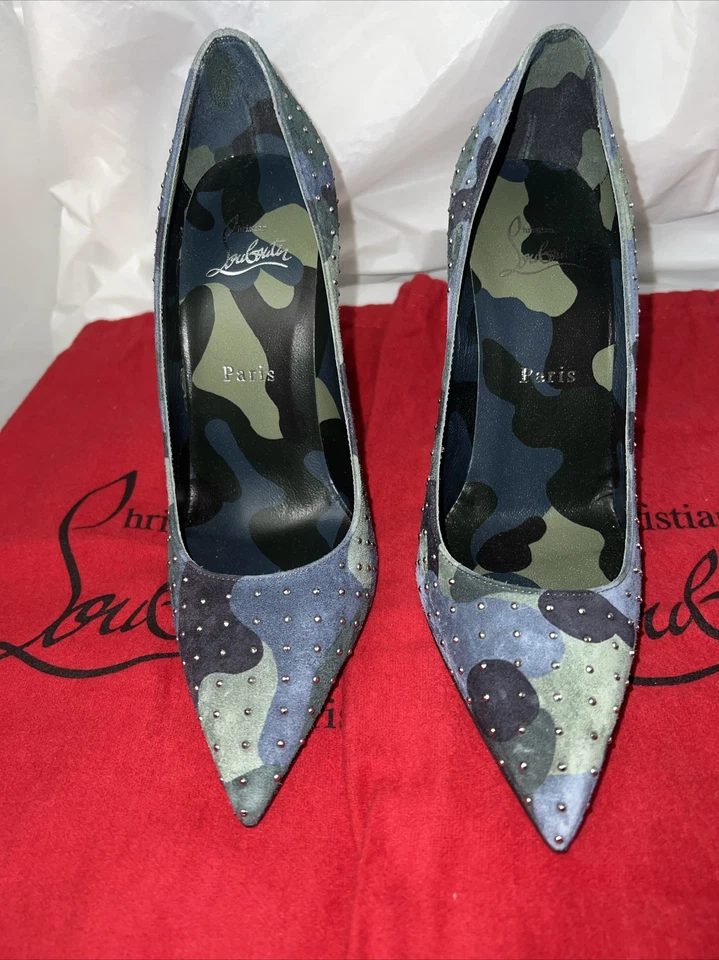 Christian Louboutin Kate Plume 100 Camo Blue Green Suede Classic Heel Pump US 7 - Image 1 of 4