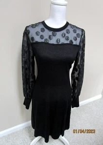 CeCe Black Knit Dress Sheer Sleeves and Yoke Flared Skirt Size Medium - Picture 1 of 4