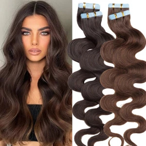 40pcs Thick Tape In Human Hair Extensions Skin Weft Full Head Straight Curly US - Picture 1 of 58