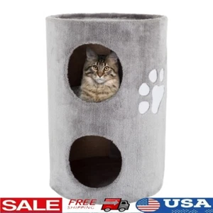 2-Story Double Hole Cat Condo Cat Tree W/ Scratch Surface Space Saving Design US - Picture 1 of 7