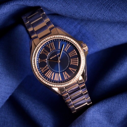 OROLOGIO DA DONNA NUOVO AUTENTICO MICHAEL KORS KACIE ORO ROSA CRISTALLI BLU NAVY MK6930