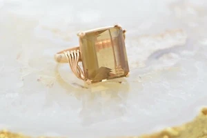 14K Rose/Yellow Gold Smoky Quartz Large Solitaire Ring Size 8.75 Circa 1970 - Picture 1 of 8