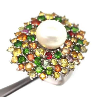 Edelstein Weiße Perle, Chrom Diopsid & Saphir Schmuck Ring 925 Silber Größe 7 - Bild 1 von 4