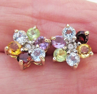 Sterling Silver 925 Vermeil Multi Gemstone Flower Stud Earrings Diamond Amethyst - Image 1 of 4