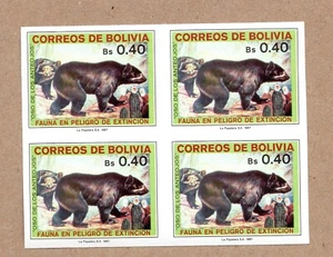 BOLIVIA 1987 WILDLIFE SPECTACLED BEAR Imperforated block of four MNH - Picture 1 of 2