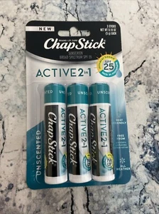 ChapStick Active 2 in 1 Lippenbalsam 3 Röhrchen LSF25 unparfümiert mineralisch 0,18 Unzen - Bild 1 von 1