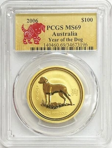 2006 GOLD AUSTRALIA $100 SERIES 1 LUNAR YEAR OF THE DOG 1 OZ PCGS MINT STATE 69 - Picture 1 of 2
