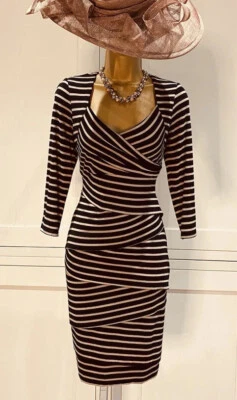 Frank Lyman UK 8 Black And Beige Striped Stretchy Fitted 3/4  Sleeved Dress - Image 1 of 4