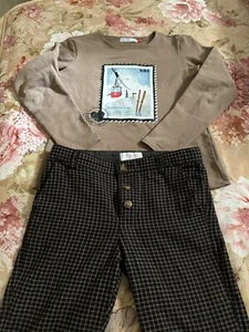 Boys Lovely Skiing Themed Sweatshirt &plaid Pant Outfit 8/10 Yr - Picture 1 of 5