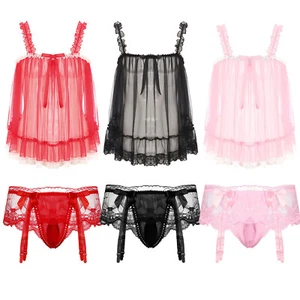 Men Lace Trim Sissy Crossress Chemise Top / Briefs Nightdress Nightwear AU - Picture 1 of 67