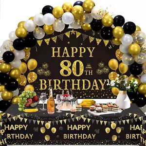 80Th Birthday Decorations Men Women - Black Gold Happy 80 Birthday Backdrop Bann - Picture 1 of 12