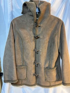 Vintage L.L. Bean Sherpa Lined Suede Toggle Coat Women's L PET Hooded Brown Barn - Picture 1 of 10