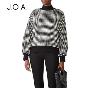 NWOT J.O.A. Wool Blend Houndstooth Sweater L Black/White Mock Neck - Picture 1 of 11