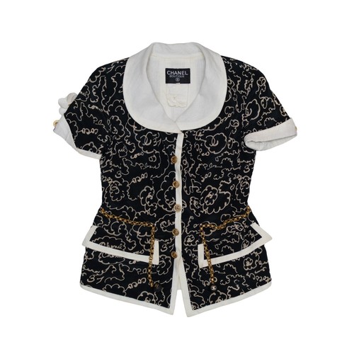 Giacca vintage Chanel anni 90 circa bianca e nera scarabocchia floreale taglia FR 42 US 10