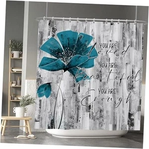 Baocicoo Inspirational Quotes Shower Curtain Abstract Blue Flowers Floral - Picture 1 of 8