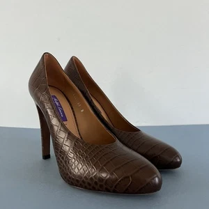 Ralph Lauren Purple Label Darlene Embossed Calfskin Brown Leather Pumps Size 39 - Picture 1 of 8