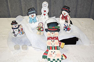 Snowman Collection Wooden and Ceramic and 2 Tea Light Candles  9 Pieces  X673