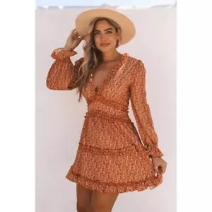 Orange Floral Ruffle Mini Dress With a V-Neck And Long Sleeves Size XL - Picture 1 of 5