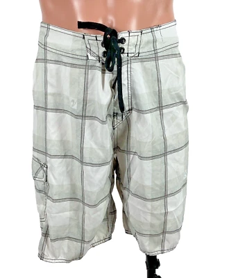 VINTAGE Ripcurl Shorts Mens 32x11 Gray White Check Swim Board Surf Mirage Flex - Image 1 of 4