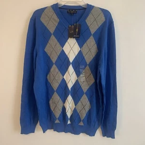 Club Room Men's Size Blue Gray Argyle Pima Cotton V Neck Pullover Sweater L NWTs - Picture 1 of 12