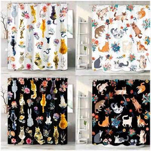 Cute Cat Garden Extra Long Shower Curtain Waterproof Bathroom Set Abstract Fun - Picture 1 of 11